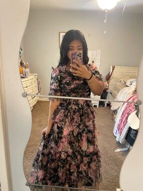 Floral Tiered Mesh Midi Dress in Black and Pink